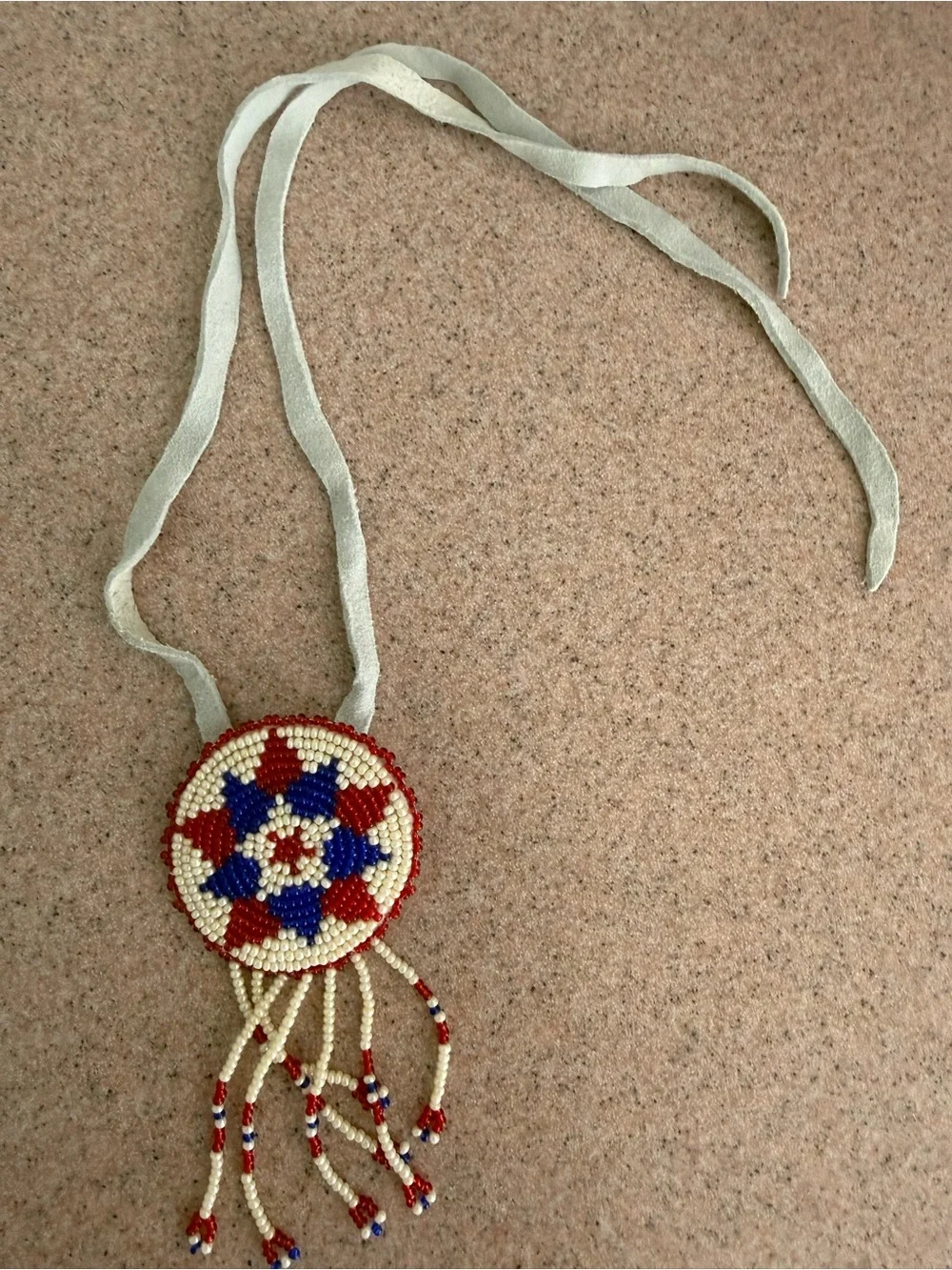 Handmade Beaded Leather Choker Medallion Necklace in Red, Blue & Cream NWOT